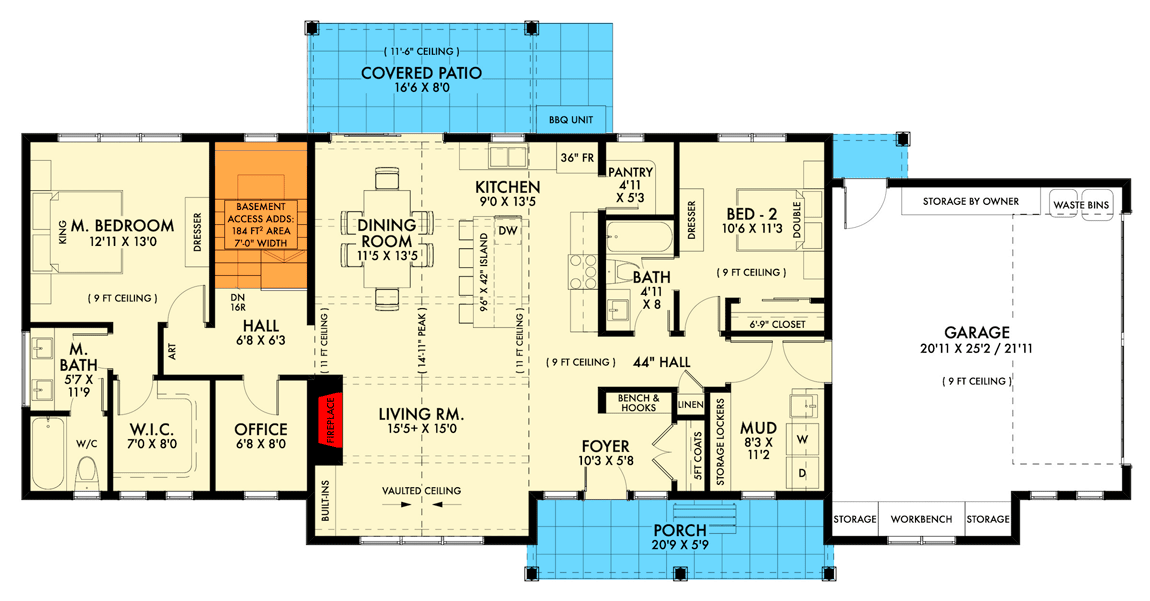Plan 677016NWL: One Floor Modern Farmhouse Plan with 2-Car Side-Entry Garage - Floor Plan - Main Level - Basement Version - Country, Modern Farmhouse, New American, Ranch