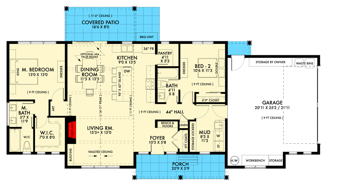 Plan 677016NWL: One Floor Modern Farmhouse Plan with 2-Car Side-Entry Garage - Floor Plan - Main Level - Slab/Crawlspace Version - Country, Modern Farmhouse, New American, Ranch