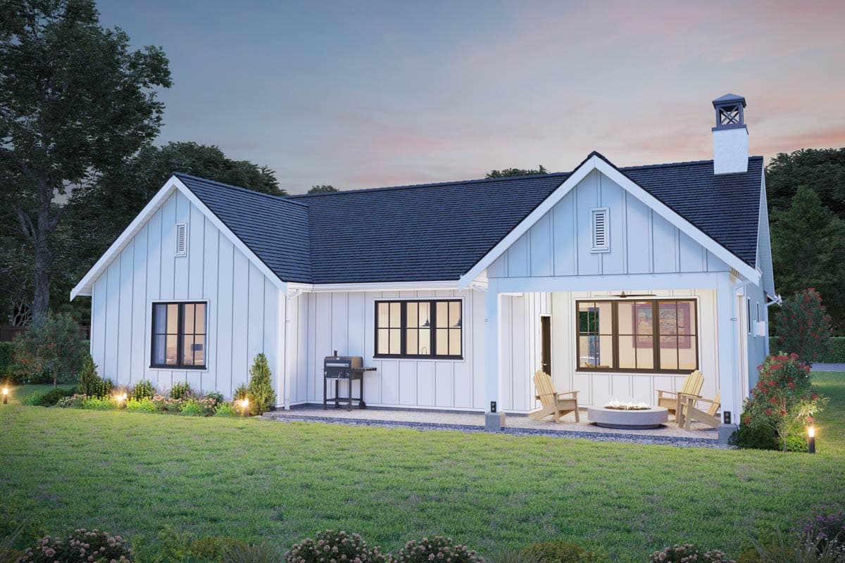 Modern Farmhouse house plan exterior with board and batten siding, dark-trimmed windows, covered porch with fire pit, and gable rooflines.