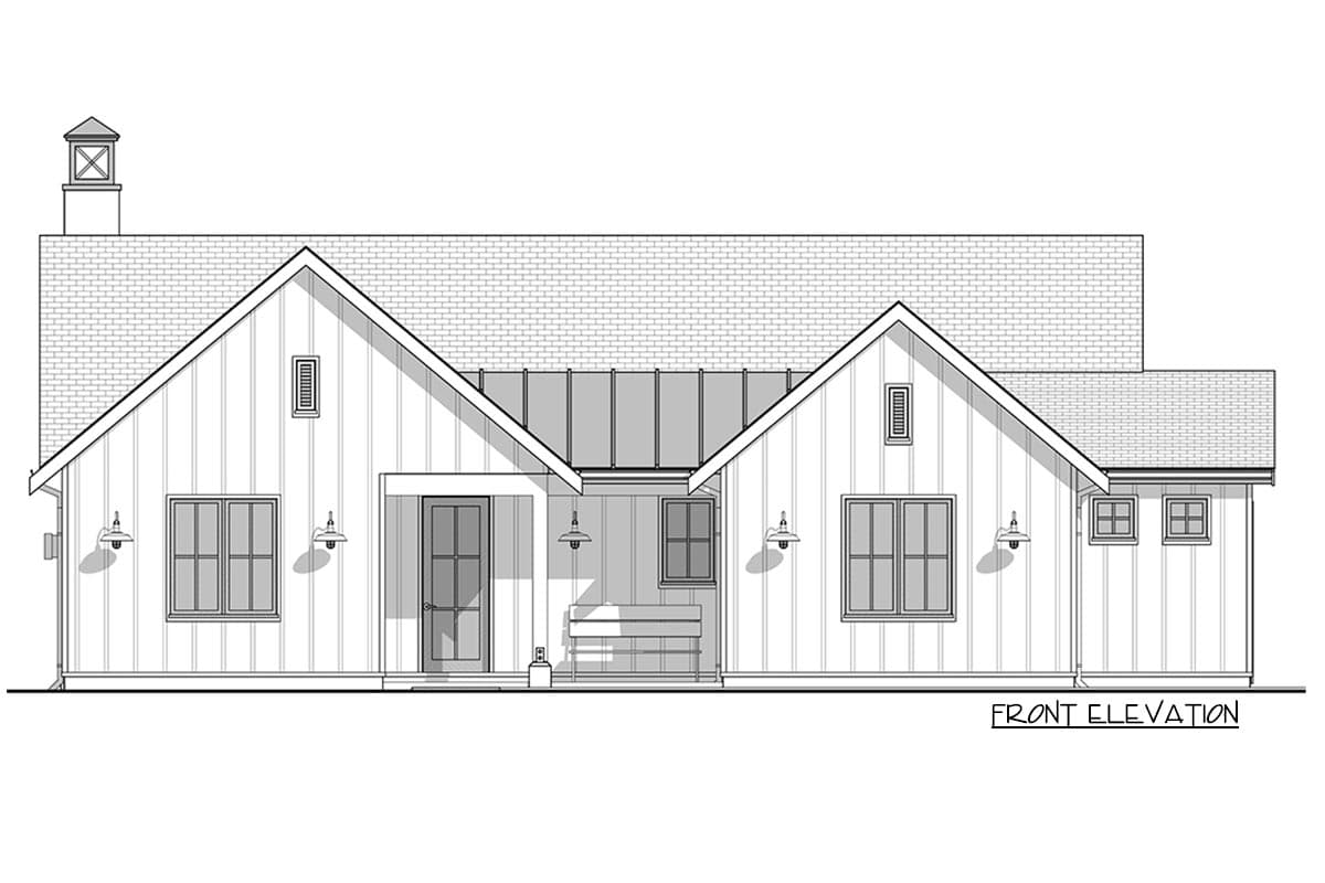 Front elevation house plan with board and batten siding, gable roofs, and a covered entryway with a bench.