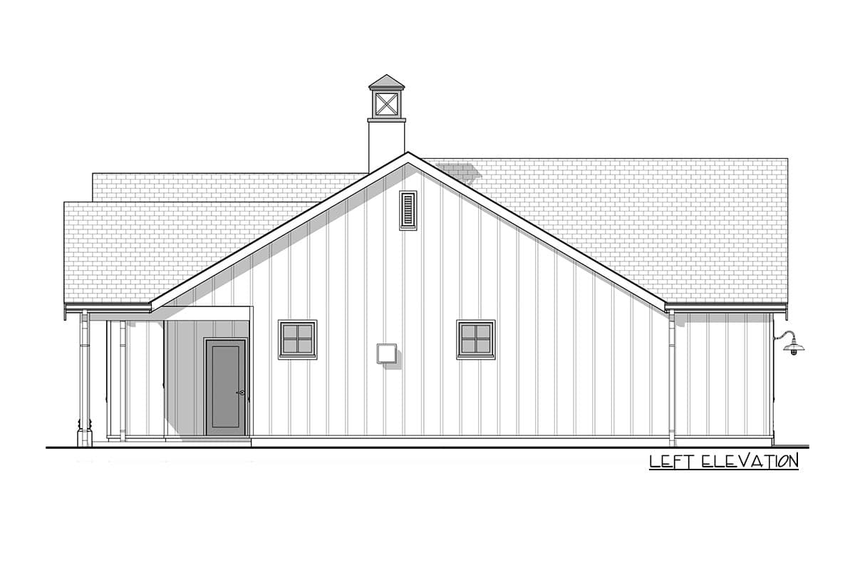 House plan left elevation: one story, gabled roof, covered porch, two windows, and cupola.