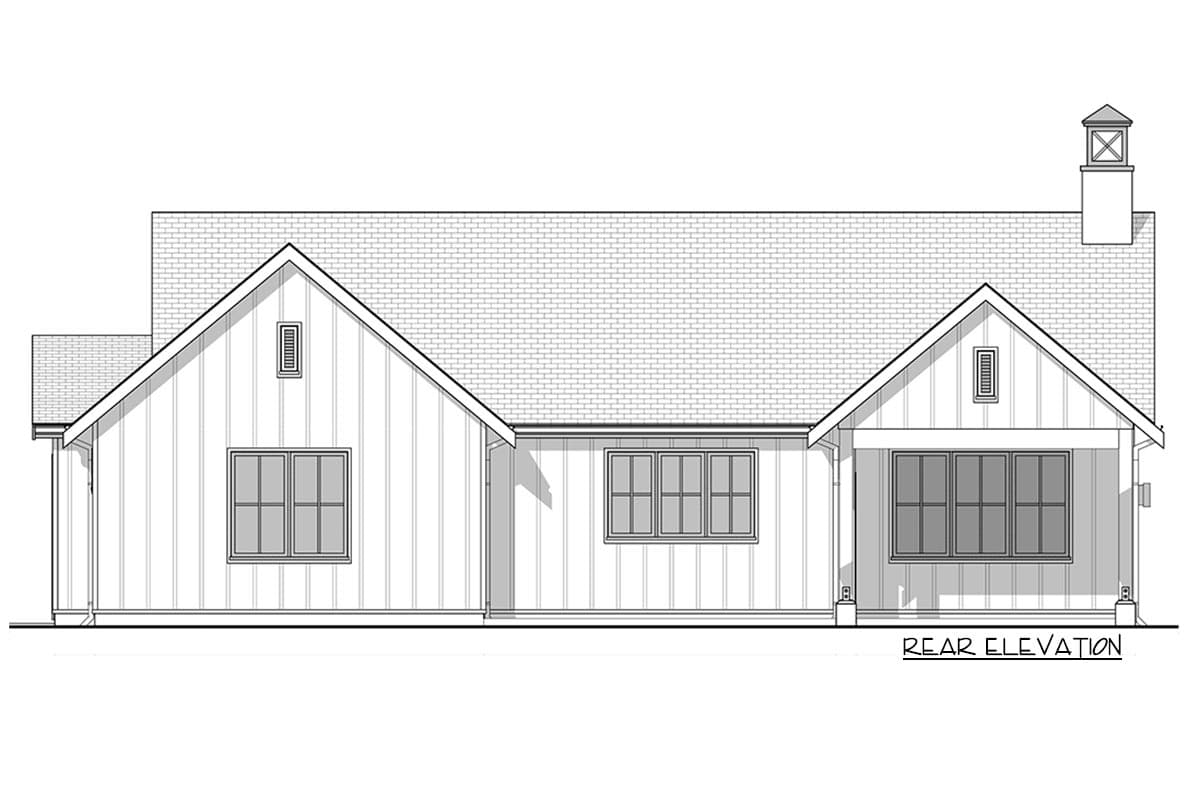 Rear elevation drawing of a one-story house plan featuring vertical siding, gables, and a prominent chimney.