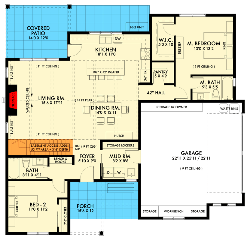 Plan 677017NWL: One Story Modern Farmhouse with Split Bedroom Layout and a Vaulted Living Room - 1500 Sq Ft - Floor Plan - Main Level - Basement - Country, Craftsman, Farmhouse, Modern Farmhouse, New American, Ranch, Traditional