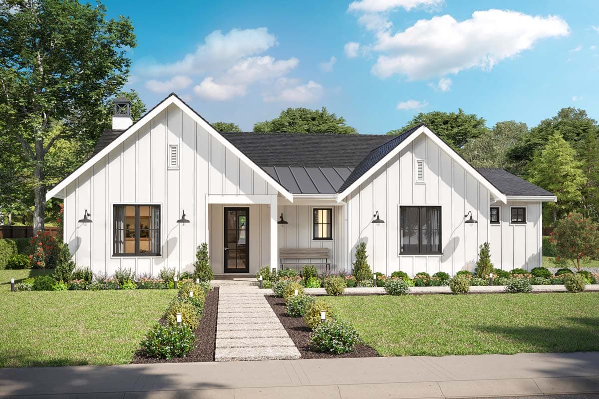 House plan exterior view of a Modern Farmhouse with a gabled roof, board and batten siding, and a covered front porch.
