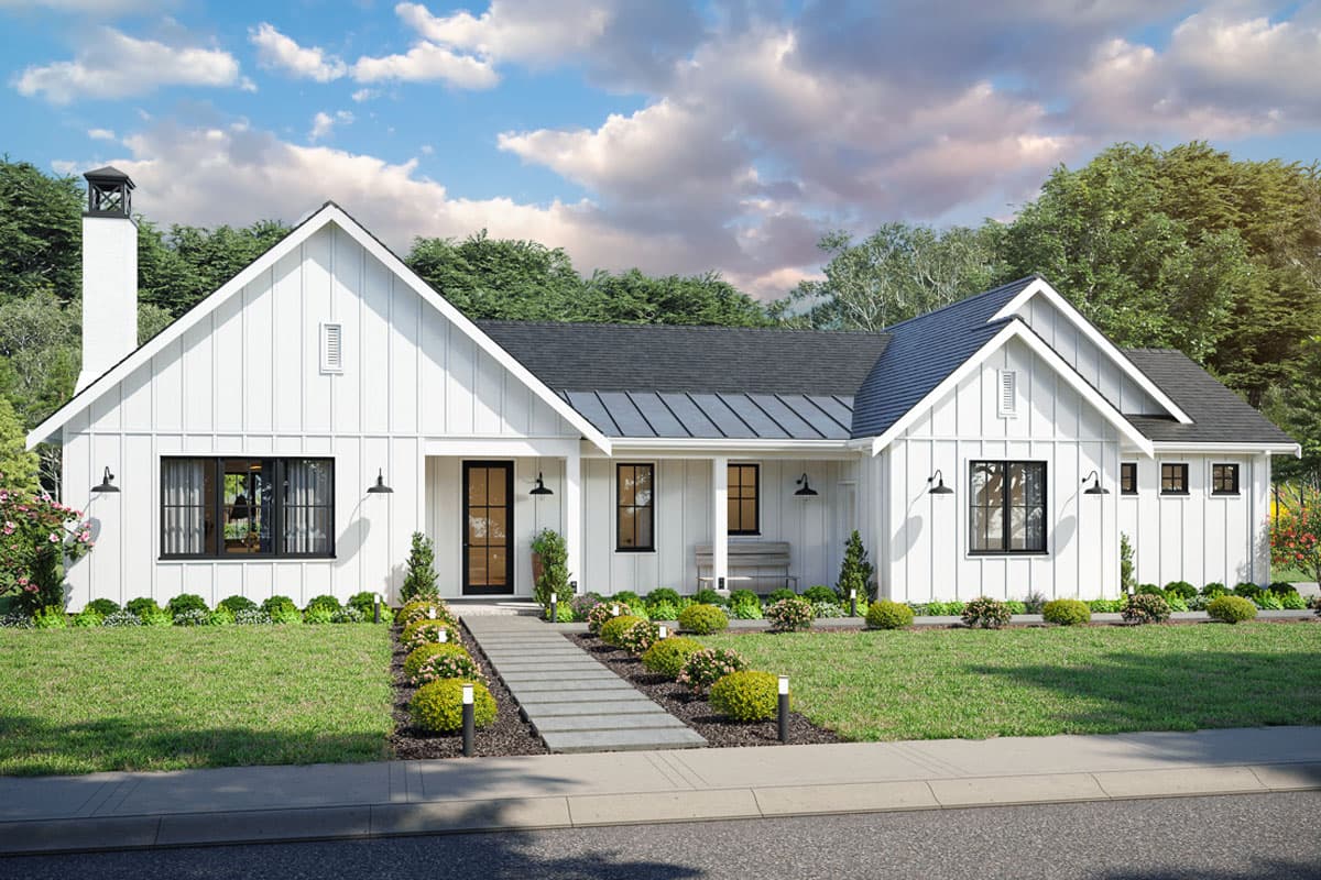 House plan exterior featuring a Modern Farmhouse style with a gable roof, board-and-batten siding, and a front entry porch.