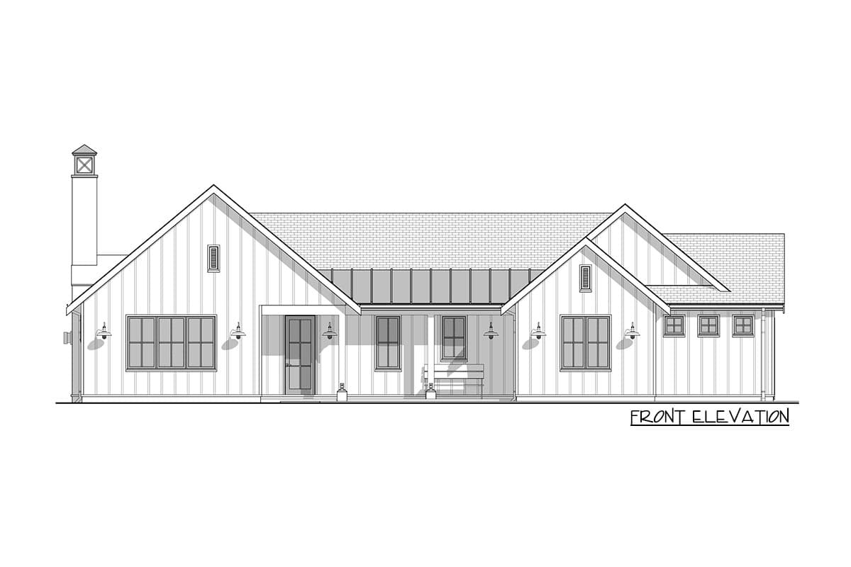 Front elevation drawing of a single-story house with gabled roofs, board and batten siding, and a covered front porch.