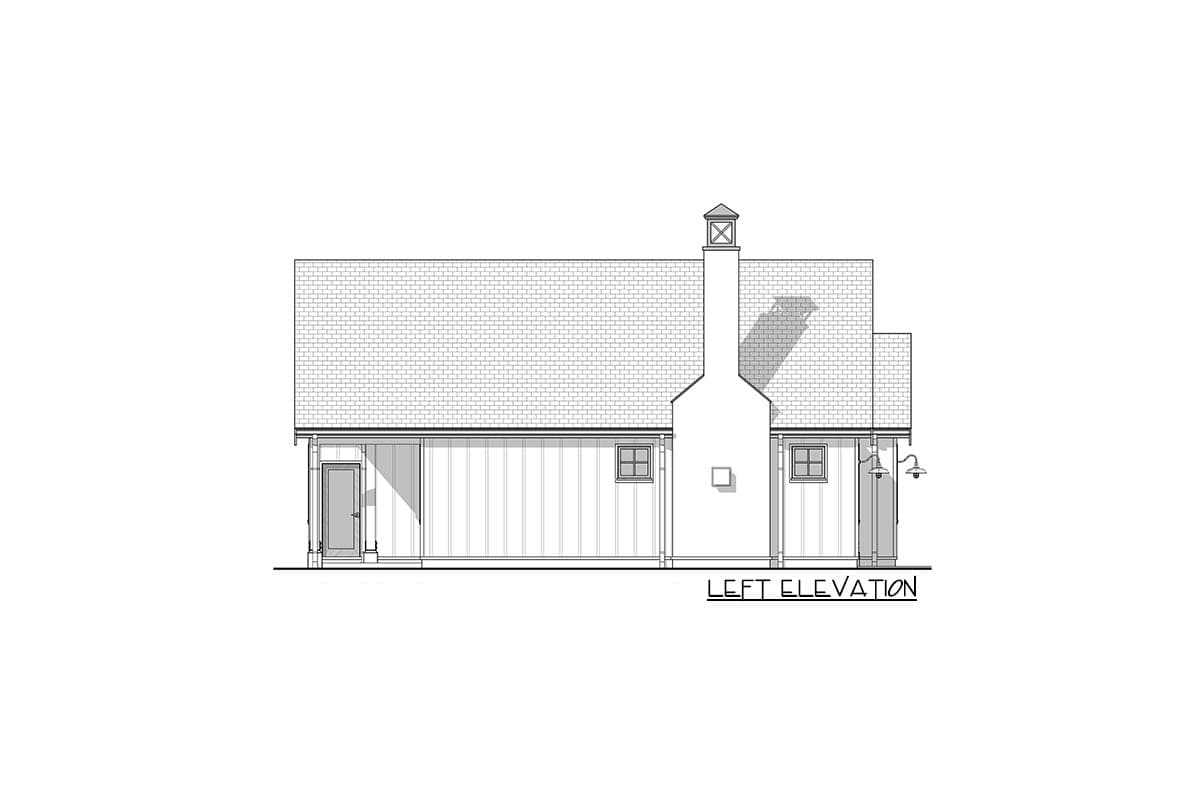 Left elevation drawing of a house plan with a prominent chimney, two doors, and two windows.