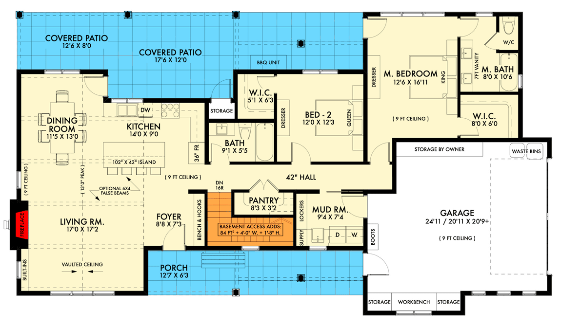 Plan 677018NWL: Open Concept Modern Farmhouse with 2 Bedrooms and a 2-Car Side-Entry Garage - Floor Plan - Main Level - Basement Stairs