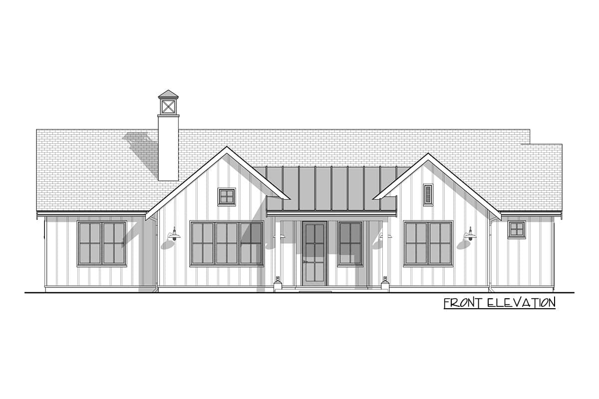 Front elevation drawing of a one-story house with board and batten siding, gable roofs, a metal roof section, and a prominent chimney.
