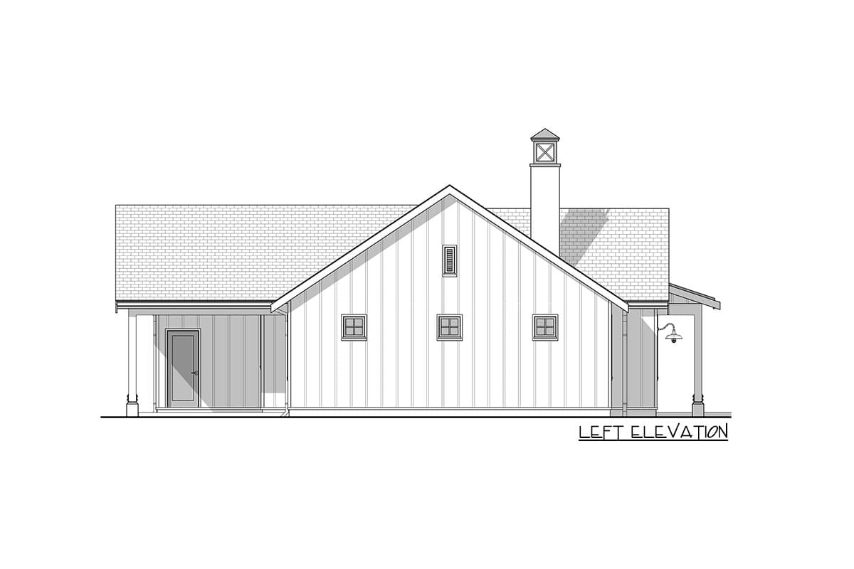 Left elevation house plan: one-story, gabled roof, covered entry porch, dormer window, and chimney.