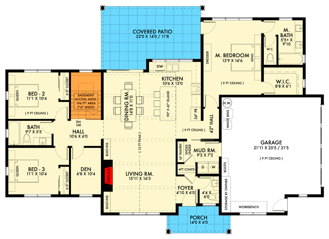 Plan 677021NWL: Modern Farmhouse Plan with 3 Beds and a 2-Car Side-Entry Garage - 1626 Sq Ft - Floor Plan - Main Level - Basement - Country, Modern Farmhouse, New American, Northwest, Ranch, Traditional