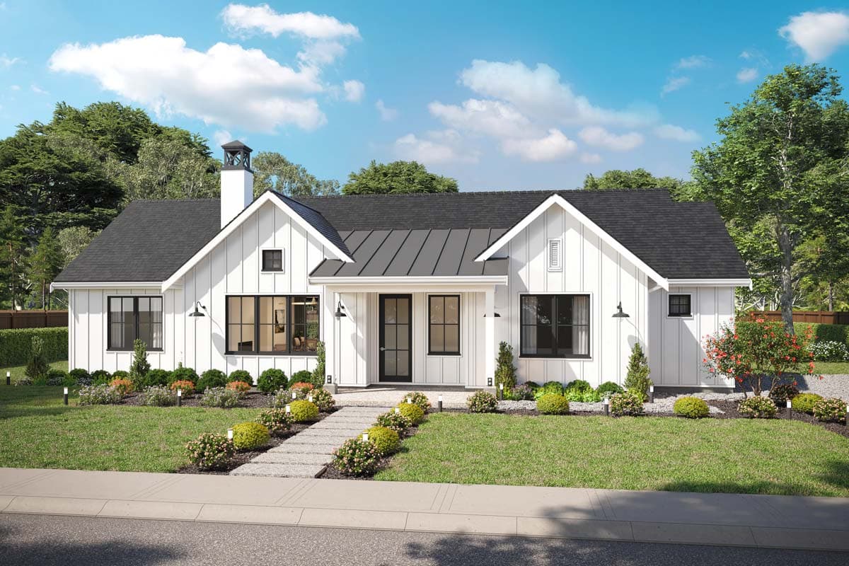 House plan exterior in Modern Farmhouse style with gabled roof, board-and-batten siding, and a covered entry with a metal roof.