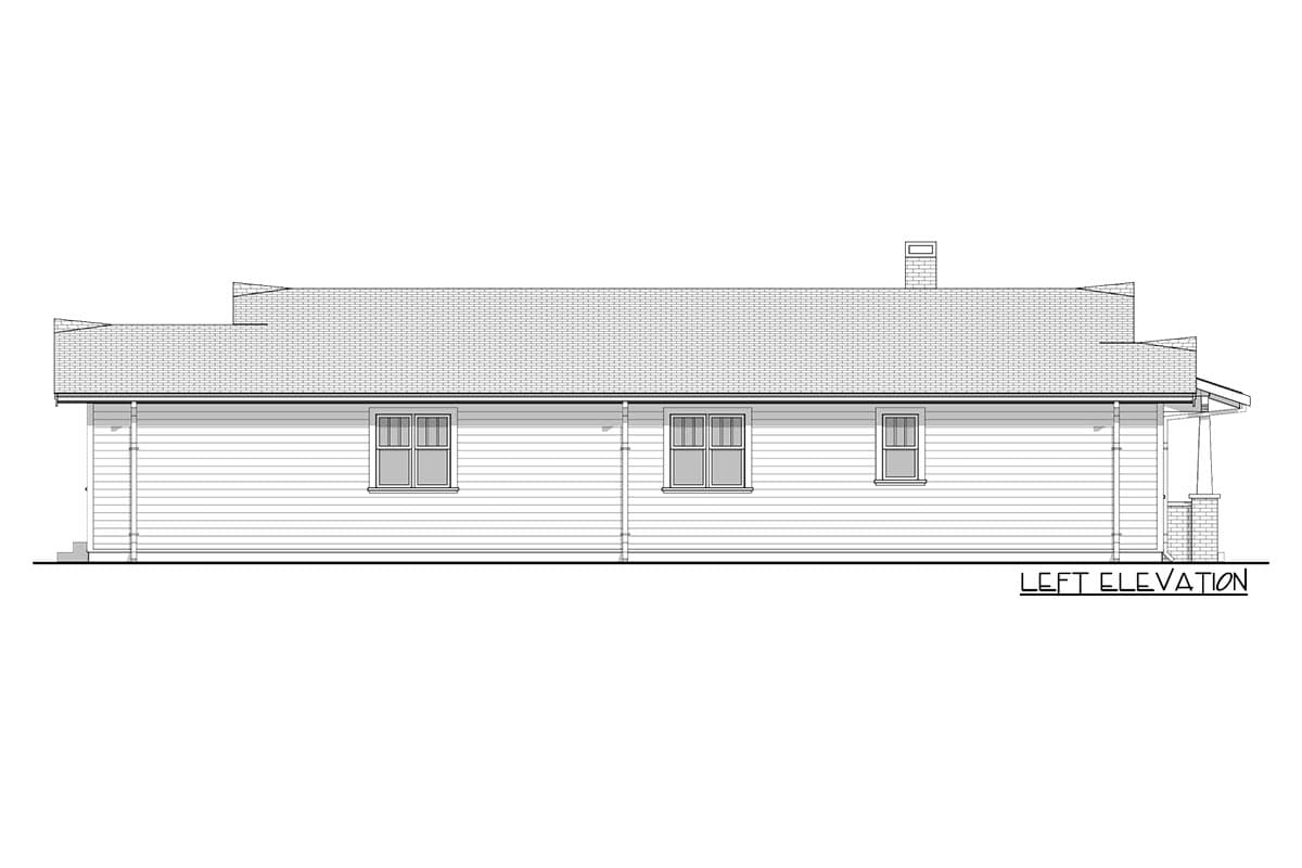 Left elevation house plan showing a single-story structure with clapboard siding, gabled roof, three windows, and a chimney.