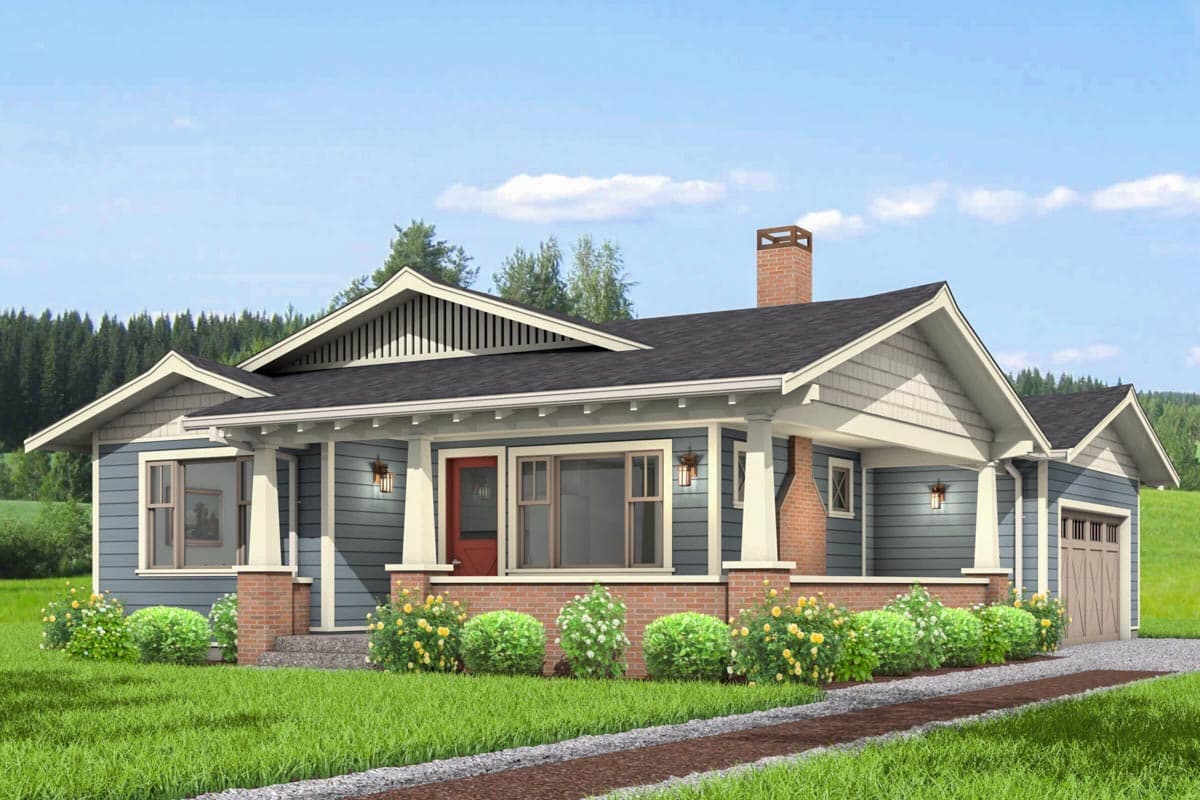 Craftsman house plan exterior with a single story, front porch, gables, and attached garage. Features brick chimney and gabled rooflines.