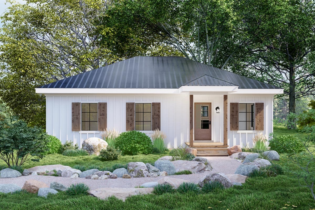 House plan exterior. One-story house with a metal roof, front porch, and shutters. Features include a centered front door and windows.