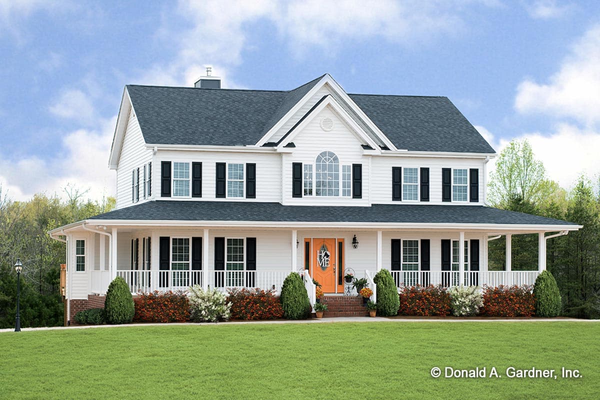 House plan exterior. Two-story Colonial with a wraparound porch, gabled roof, and symmetrical window placement with black shutters.