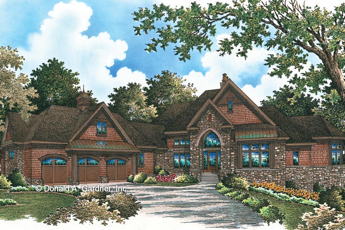 House plan exterior. Craftsman style with stone and shake siding. Features a multi-gable roofline, arched entry, and detached garage with cupola.