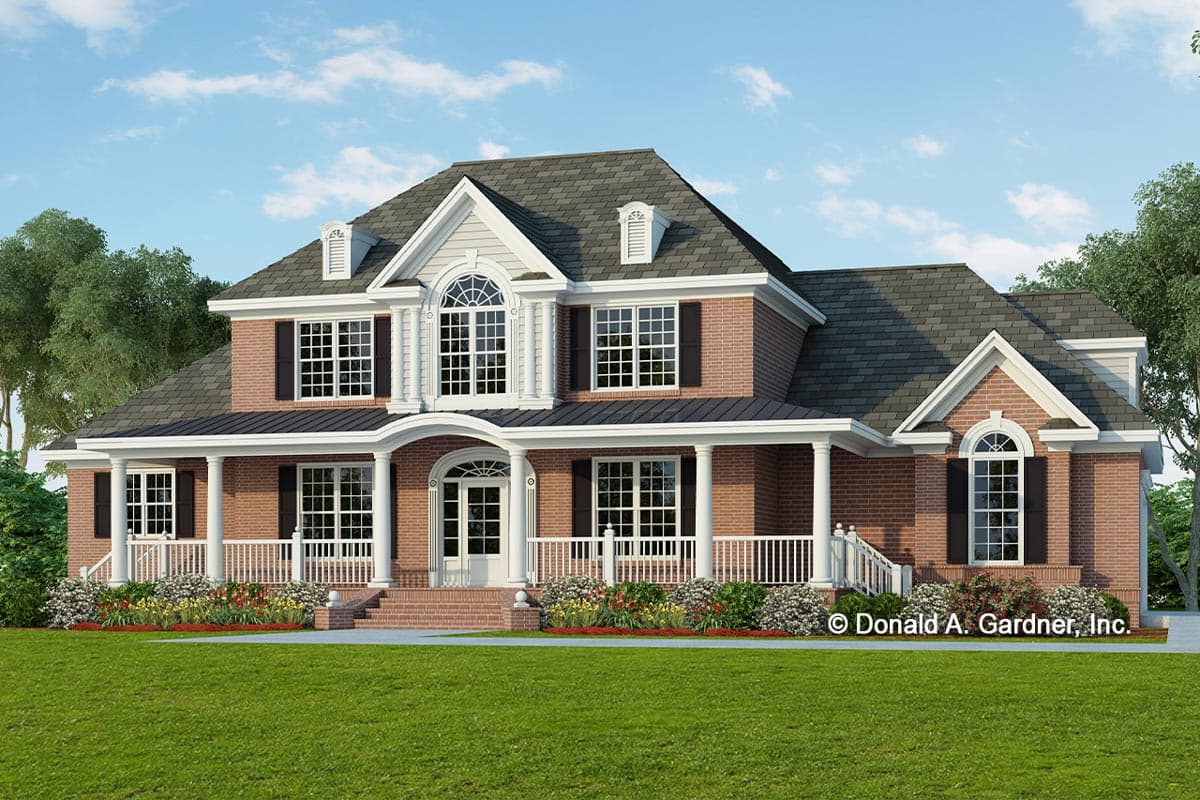House plan exterior with brick facade, two stories, and front porch with columns. Features include gables, dormers, and a prominent arched window.