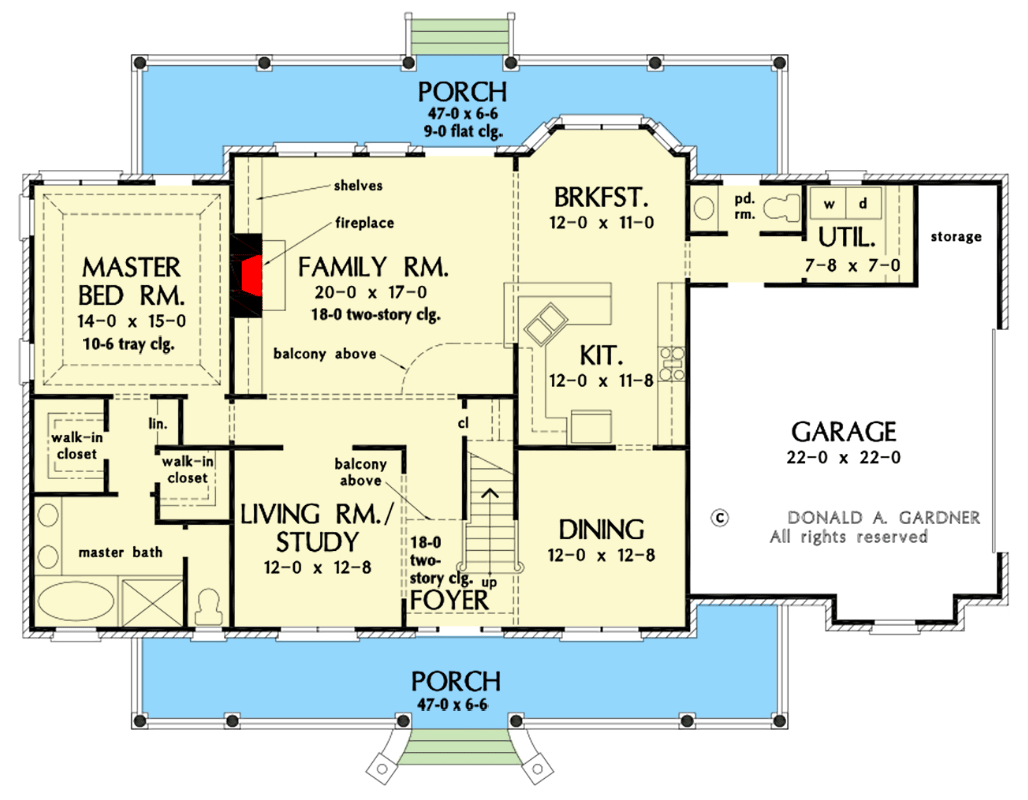 Plan 444086GDN: Southern Country Farmhouse with Brick Exterior and 47' Wide Porches Front and Back - Floor Plan - Main Level - Country, Farmhouse, Southern, Traditional