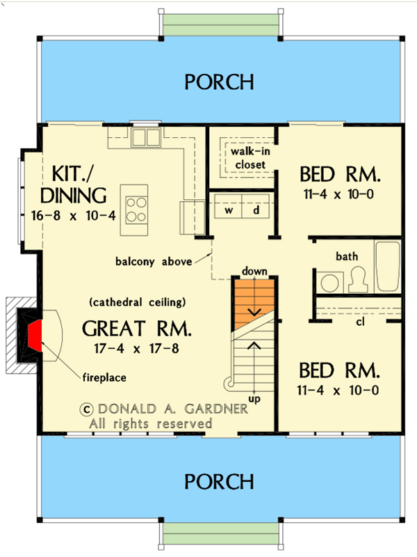 Plan 444087GDN: Rustic Cabin Retreat with 3 Bedrooms and a Vaulted Open Floor Plan - 1338 Sq Ft - Floor Plan - Main Level - Basement Stair Location - Cottage, Country, Rustic, Vacation