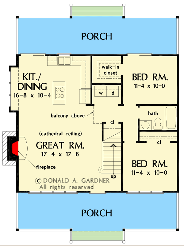 Plan 444087GDN: Rustic Cabin Retreat with 3 Bedrooms and a Vaulted Open Floor Plan - 1338 Sq Ft - Floor Plan - Main Level - Cottage, Country, Rustic, Vacation