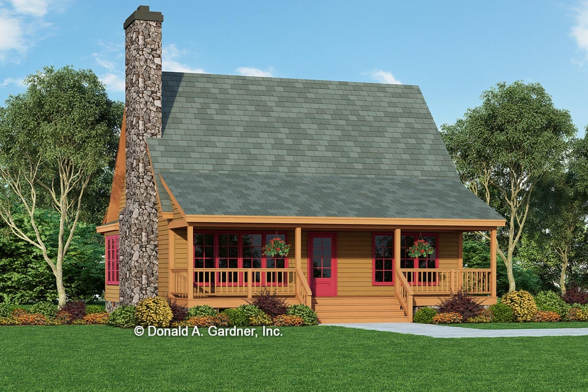 House plan exterior. One-story Cottage style with a front porch, gabled roof, and stone chimney.