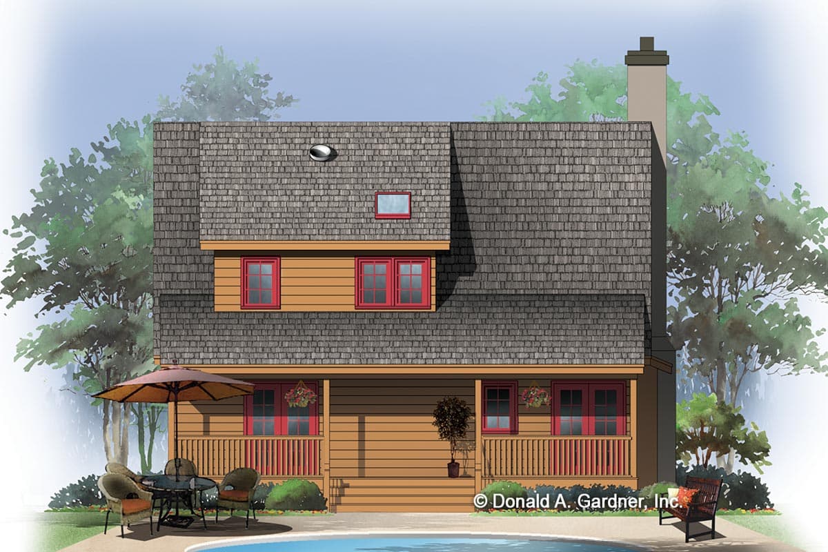 House plan exterior: Two-story home with a prominent gable, covered front porch, multiple dormers, and a prominent chimney.