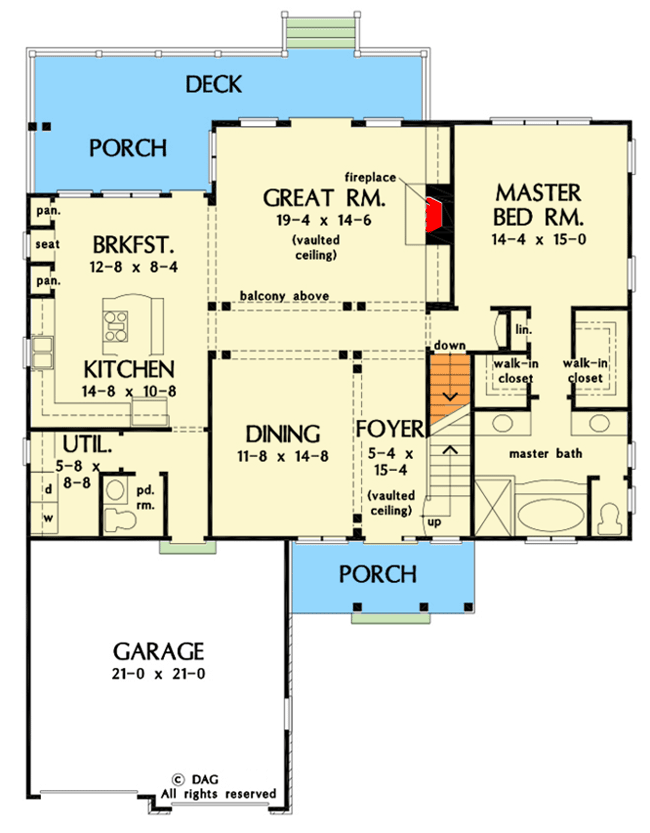 Plan 444090GDN: Two Story House Plan with Offset 2-Car Garage - Floor Plan - Main Level - Basement Stair Location - Craftsman, Traditional