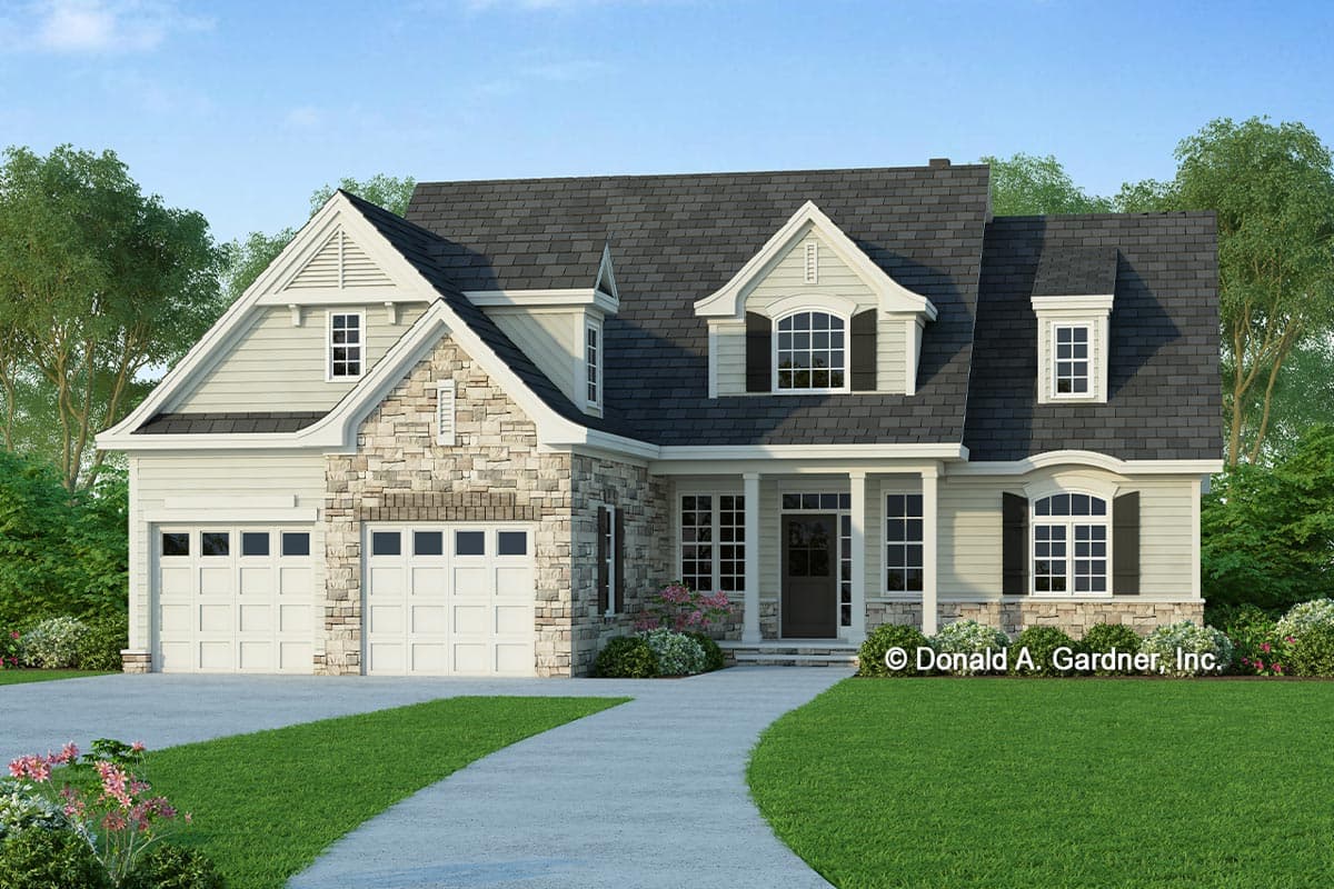 House plan exterior. Two-story home with a stone facade, gabled roof, dormers, and front porch with columns.