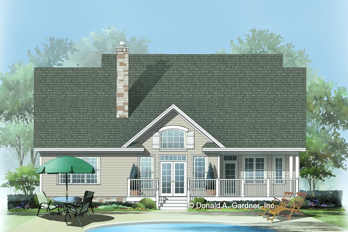 House plan exterior: Ranch style, one story, with a prominent stone chimney, covered front porch, and a gable with arched window.