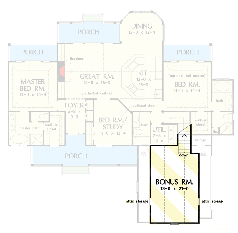 Plan 444091GDN: One-story Country Ranch-style House Plan with 16'3" Cathedral Ceiling - Floor Plan - Bonus Room - Country, Ranch, Southern, Traditional