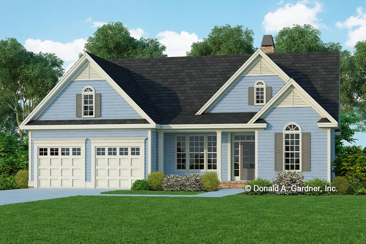 House plan exterior. Two-story with gabled roof, two-car garage, and front porch. Features include dormers and arched window.