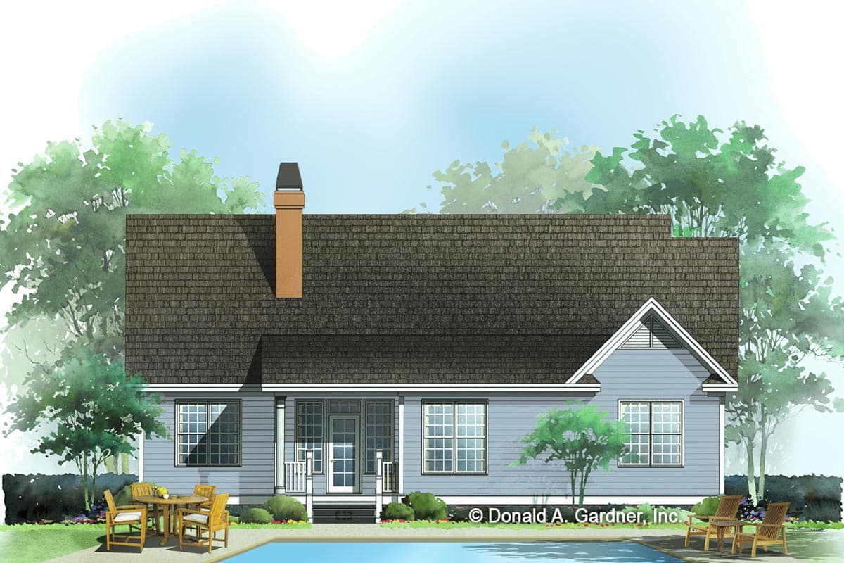 House plan exterior of a single-story blue home with a prominent chimney, multi-pane windows, and a covered entry.