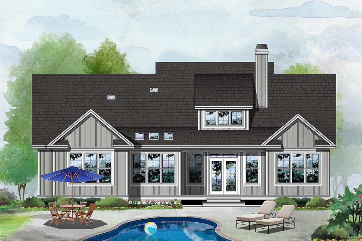 House plan exterior: Ranch style, single story, with prominent gables, dormer window, and double French doors.