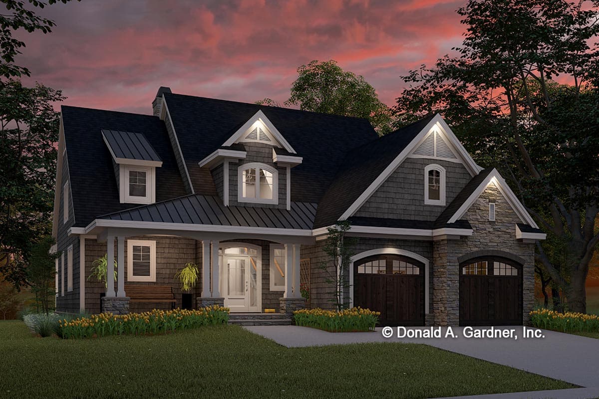 House plan exterior featuring a covered front porch, stone and shingle siding, dormers, and a dual garage with arched doors.