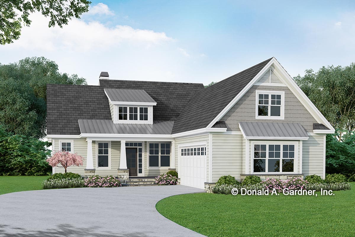 House plan exterior. Craftsman style, one story, with gables, dormers, and a covered porch. Garage is front-facing.