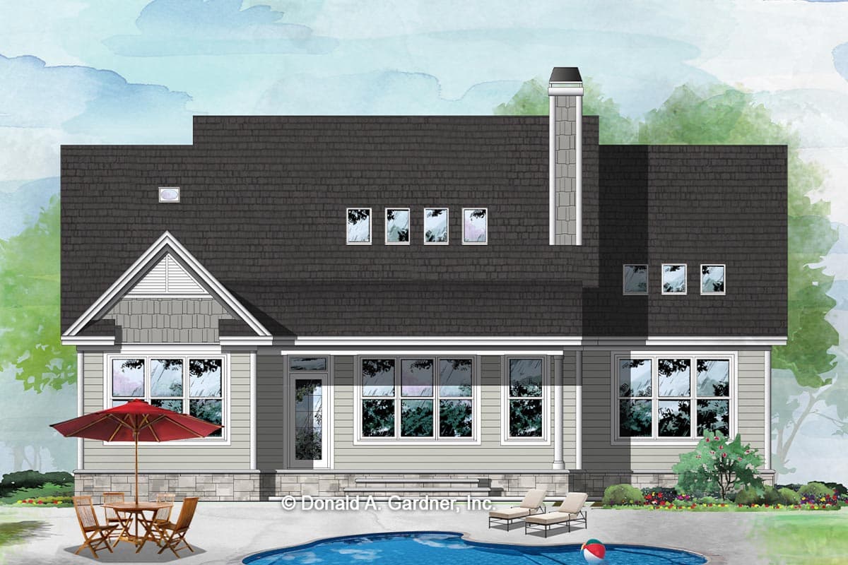 House plan exterior with a gable, multiple dormers, and a prominent chimney. Shows a backyard with a pool and patio furniture.