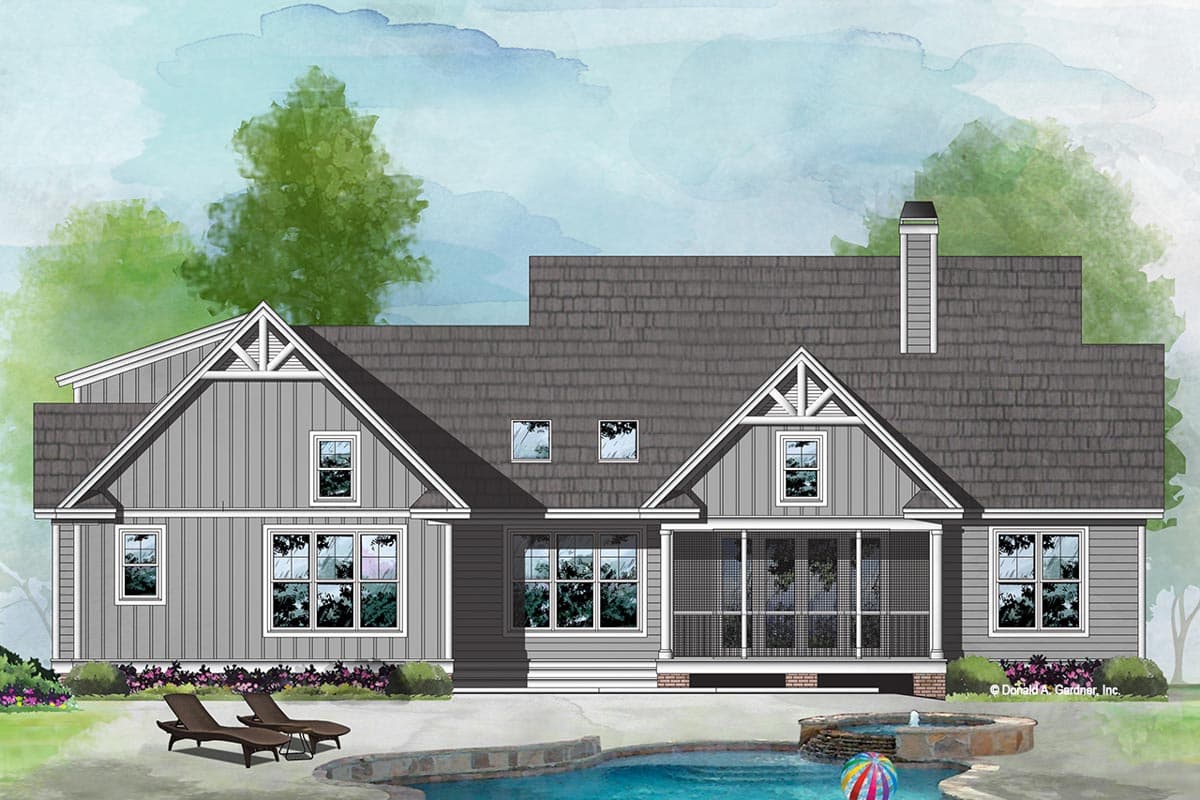 House plan exterior: Two-story Modern Farmhouse with multiple gables, dormers, and a screened porch.