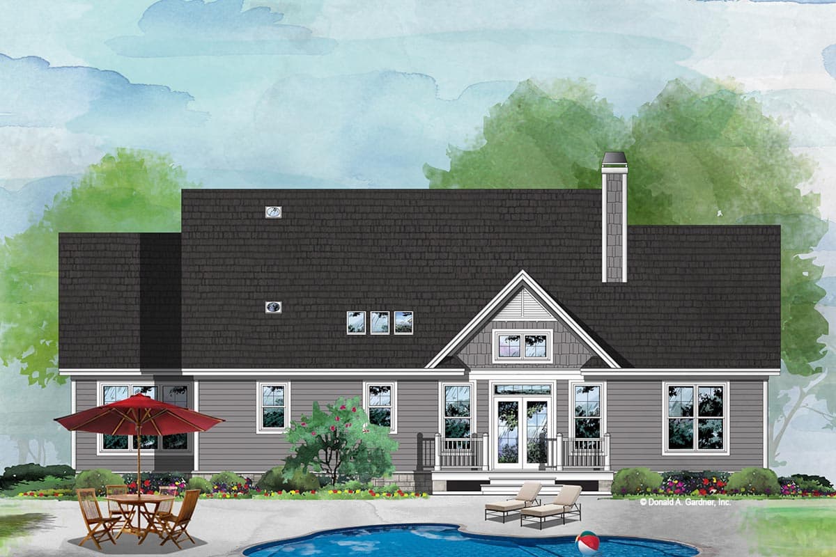 House plan exterior: One-story home with gabled dormer, double doors, chimney, and multiple windows.