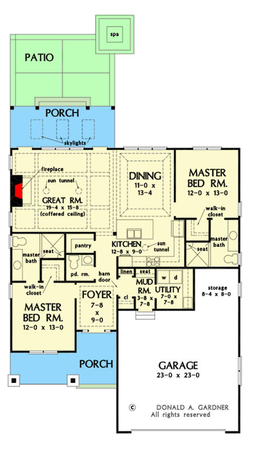 Plan 444112GDN: Craftsman Cottage with Two Master Suites - Floor Plan - Main Level - Cottage, Country, Craftsman