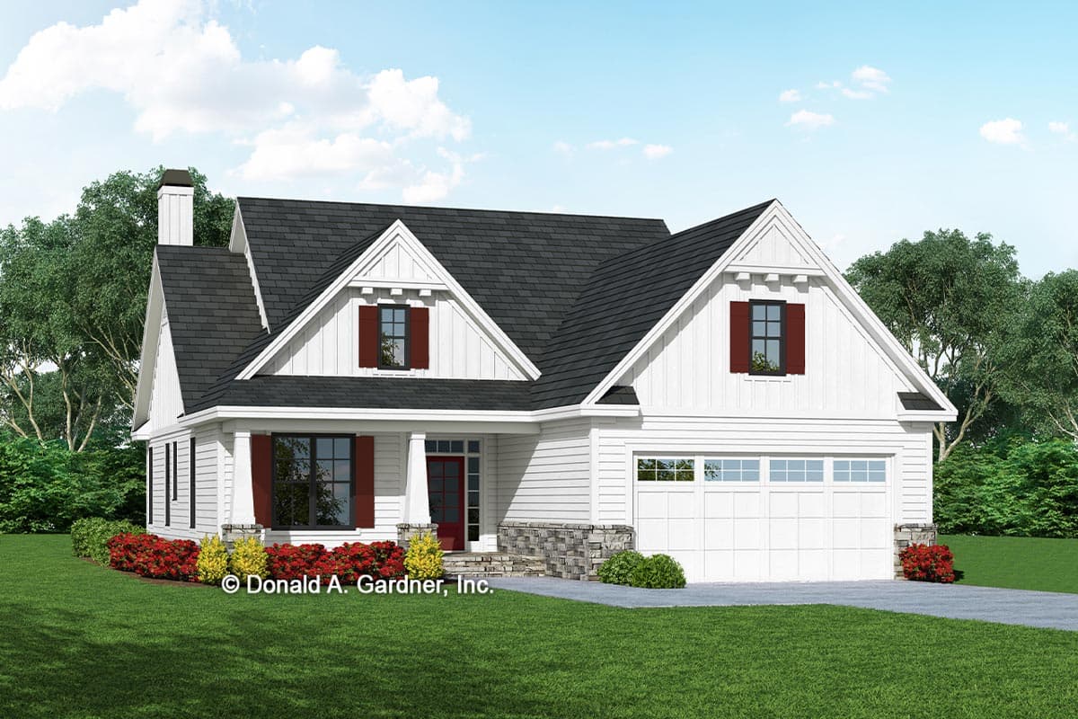 House plan exterior. Two-story Modern Farmhouse with gables, a covered porch, and a side-entry garage. Features window shutters and a stone facade.