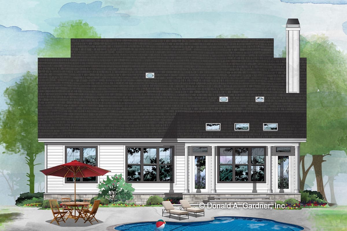 House plan exterior: Two-story design with a covered porch, multiple gables, and a prominent chimney.