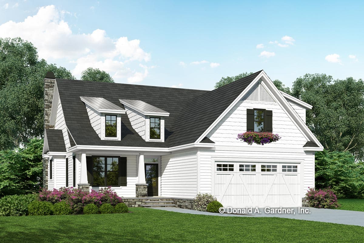 House plan exterior featuring a two-story farmhouse style, with a front porch, dormers, a gable roof, and an attached garage.