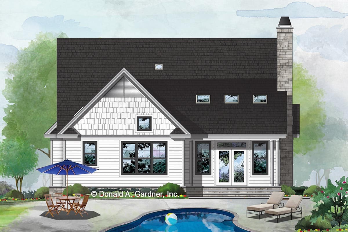 House plan exterior. This two-story home features a prominent gable with decorative shingle siding, dormer windows, and a stone chimney.