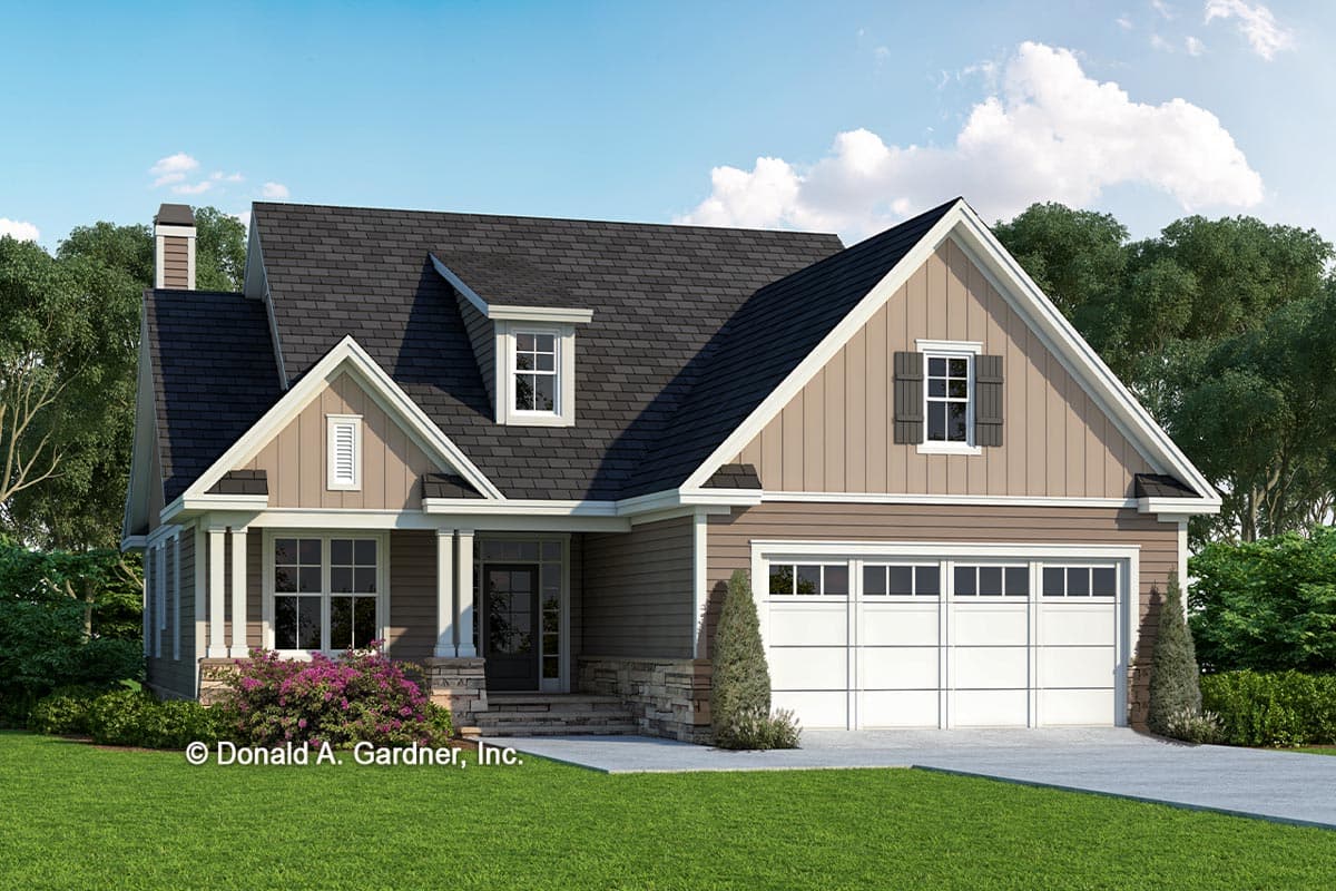 House plan exterior with Craftsman style. Features include a front porch, gables, and a garage. Two-story with dark roof and neutral siding.