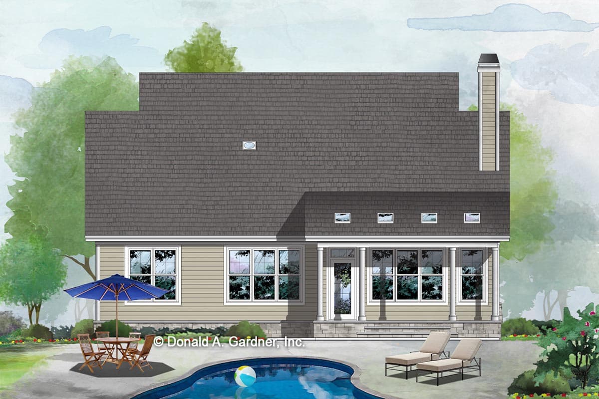 House plan exterior: two-story residence with pitched roof, multiple gables, dormers, and covered porch.