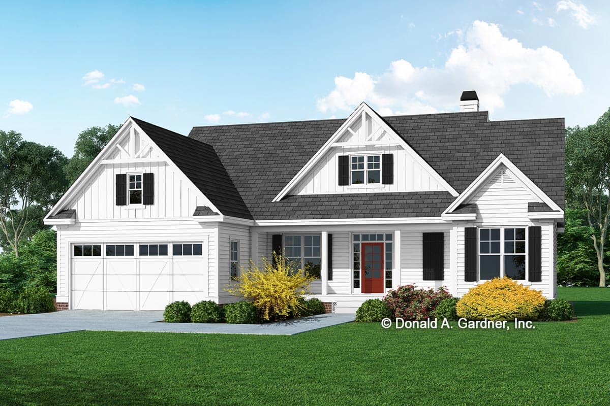 House plan exterior. Modern Farmhouse style with two stories. Features include multiple gables, a front porch, and an attached garage.