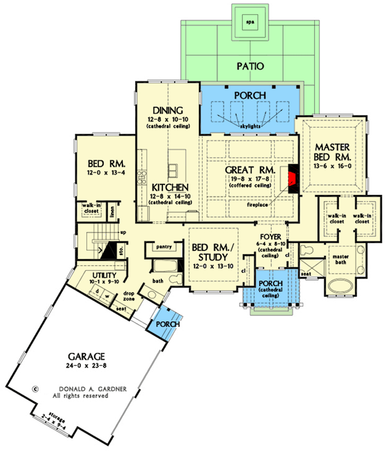 Plan 444118GDN: New American House Plan with 2-Car Angled Garage and a Bonus Room with Full Bath - Floor Plan - Main Level - Cottage, Country, Modern Farmhouse, New American, Ranch, Rustic