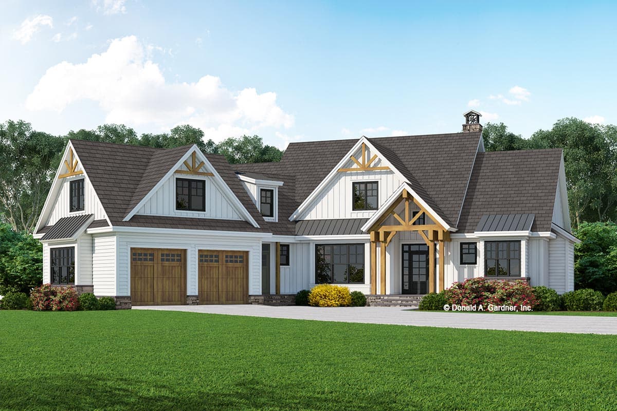 House plan exterior. Two-story Modern Farmhouse with gables, a covered porch, and a side-entry garage. Features exposed wood beams.