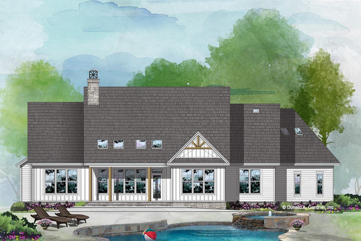 House plan exterior shows a two-story home with a prominent stone chimney, gabled dormer, and covered porch.